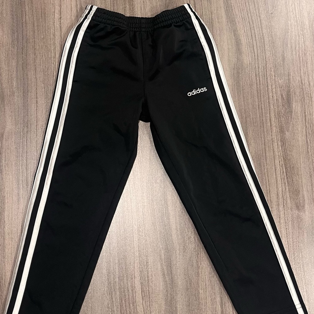 Adidas Boys’ Black Track Pants with White Stripes – Size 5